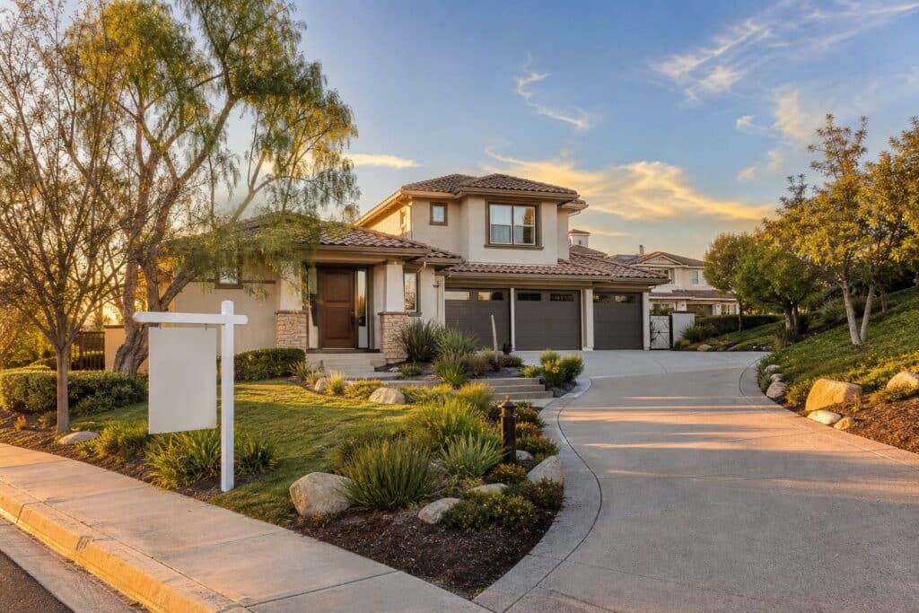 Contemporary two-story suburban home with stucco exterior, tile roof, and mature landscaping in Porter Ranch neighborhood.