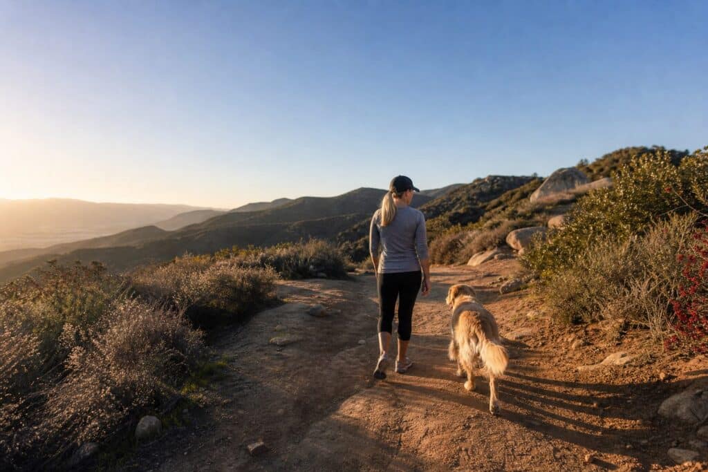 Woman and golden retriever walking on a dirt hillside trail surrounded by chaparral vegetation in Porter Ranch.