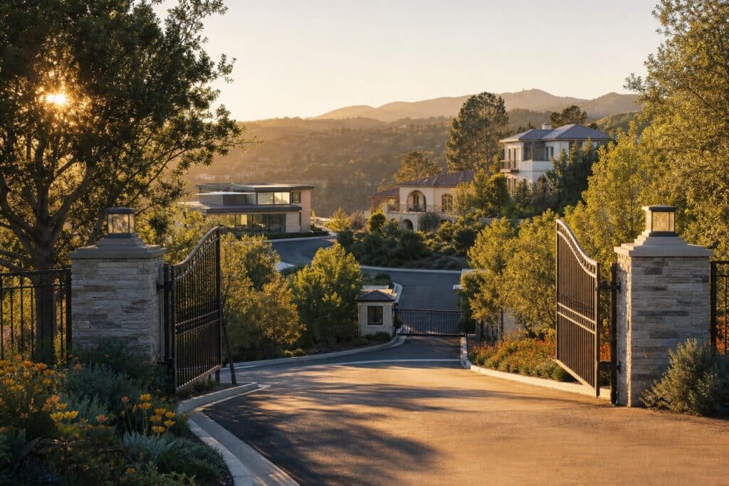 Gated community entrance with guard gate and tree-lined private street showing diverse architectural styles in Porter Ranch.