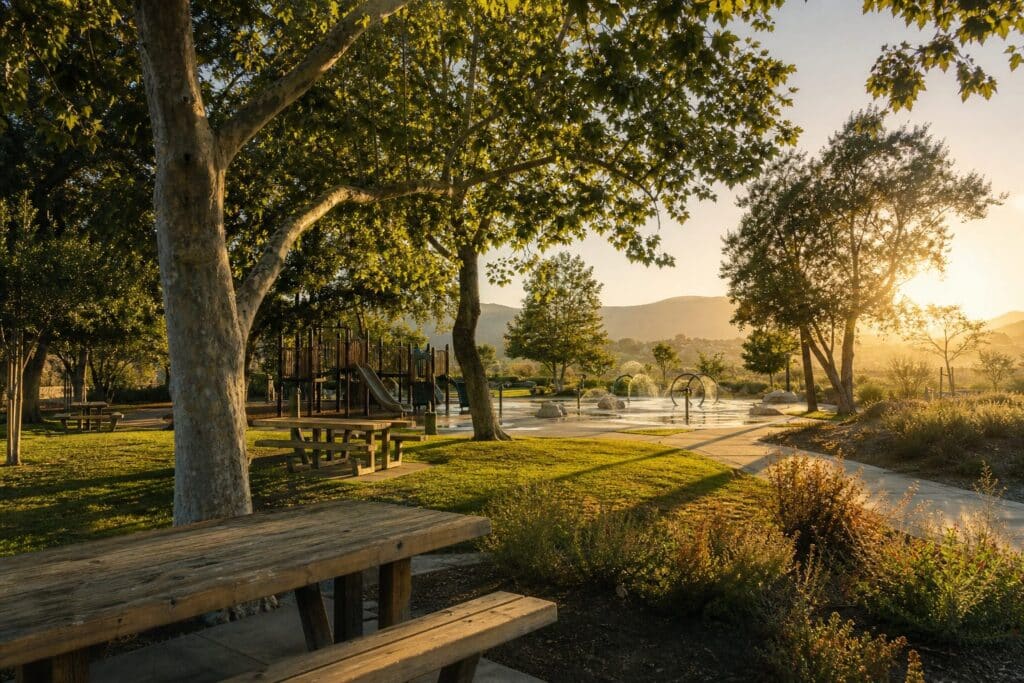 Sunlit 50-acre family park with shaded playground, splash pad, picnic areas, and walking trails in Porter Ranch under mature oak trees and blue sky.