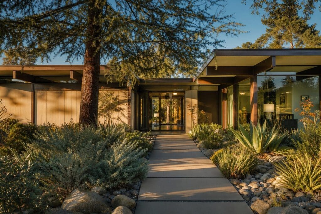 Modernist Eichler home with flat roof and expansive glass walls bathed in golden afternoon light in Balboa Highlands Granada Hills.