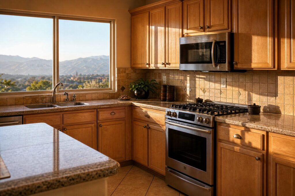 Original builder-grade kitchen in a 20-year-old Mediterranean home in Porter Ranch showing aged cabinetry and countertops ready for renovation.