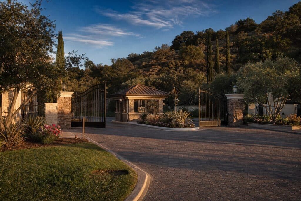 Guard-gated entrance to Renaissance community in Porter Ranch with Mediterranean landscaping and hillside terrain.