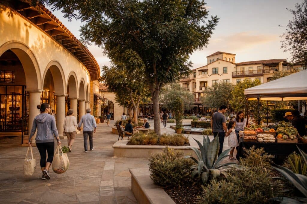 Mixed-use outdoor plaza with Mediterranean architecture, mature trees, and residents shopping at farmers market in Porter Ranch.