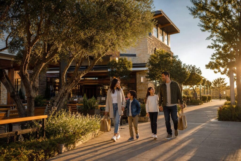 Family of four with grocery bags walking through The Vineyards plaza in Porter Ranch at golden hour, with Whole Foods and oak trees in background.