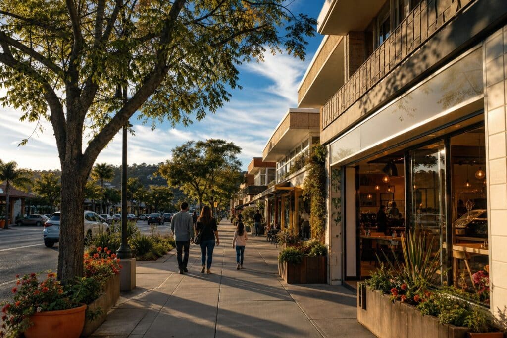 Walkable Chatsworth Street commercial district in Granada Hills with shops, residents strolling, mature trees, and hillside backdrop in late
