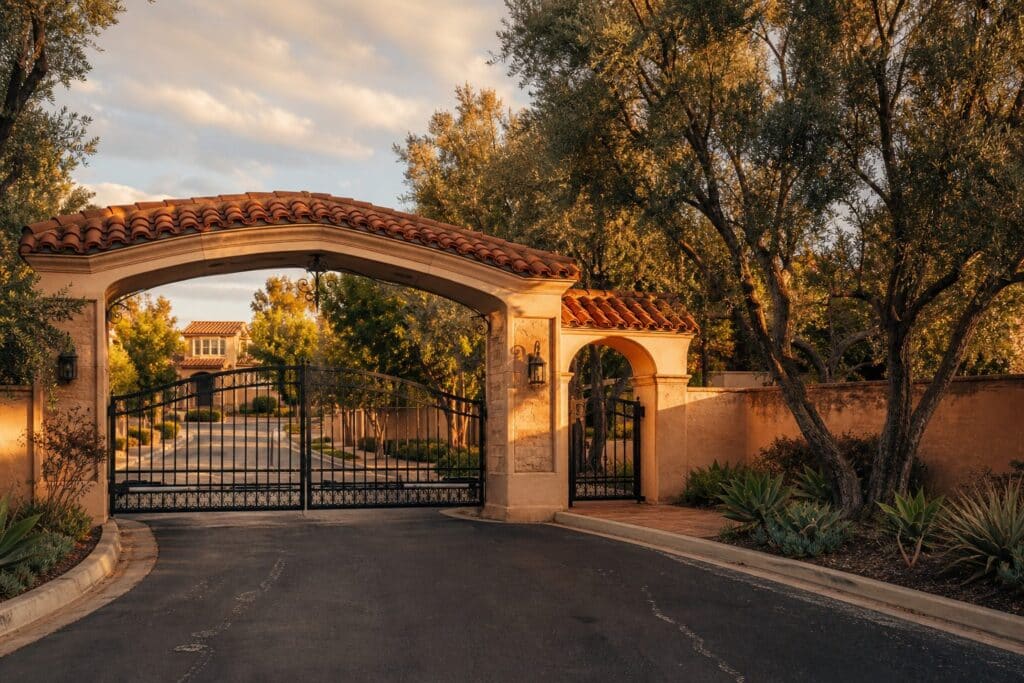 Gated entry to Tuscany/Cortile in Porter Ranch with terracotta archways and tree-lined residential street beyond.