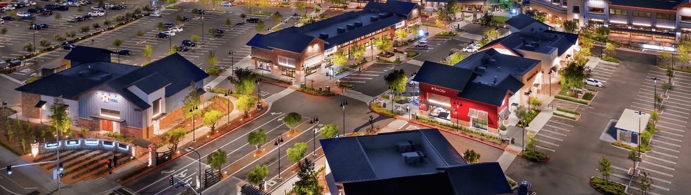 Aerial view of a San Fernando Valley neighborhood and shopping district